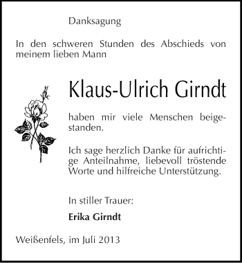 Traueranzeige von Klaus-Ulrich Girndt von Mitteldeutsche Zeitung Weißenfels