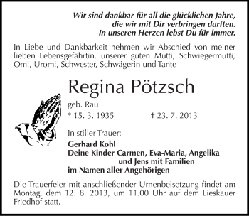 Traueranzeige von Regina Pötzsch von Mitteldeutsche Zeitung Halle/Saalkreis