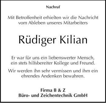 Traueranzeige von Rüdiger Kilian von Mitteldeutsche Zeitung Aschersleben