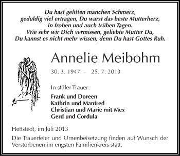 Traueranzeige von Annelie Meibohm von Mitteldeutsche Zeitung Mansfelder Land