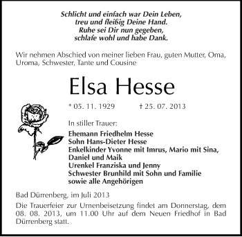Traueranzeige von Elsa Hesse von Mitteldeutsche Zeitung Merseburg/Querfurt