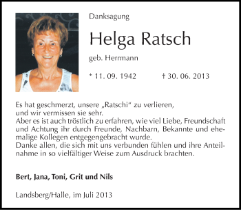 Traueranzeige von Helga Ratsch von Mitteldeutsche Zeitung