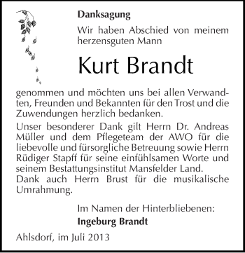 Traueranzeige von Kurt Brandt von Mitteldeutsche Zeitung Mansfelder Land