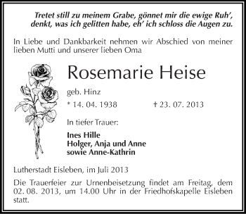 Traueranzeige von Rosemarie Heise von Mitteldeutsche Zeitung Mansfelder Land