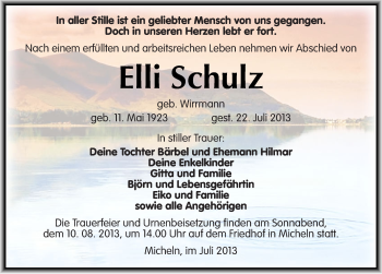 Traueranzeige von Elli Schulz von Mitteldeutsche Zeitung Köthen