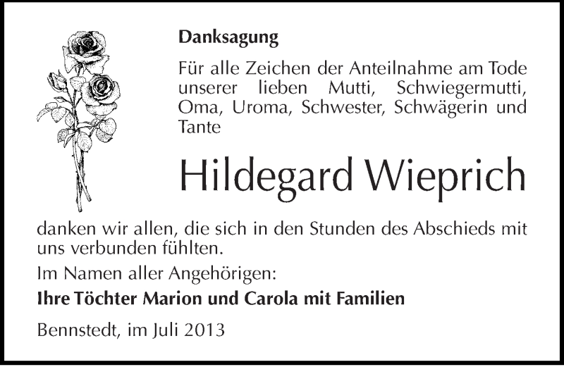  Traueranzeige für Hildegard Wieprich vom 27.07.2013 aus Mitteldeutsche Zeitung Sangerhausen