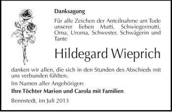 Traueranzeige von Hildegard Wieprich von Mitteldeutsche Zeitung Sangerhausen