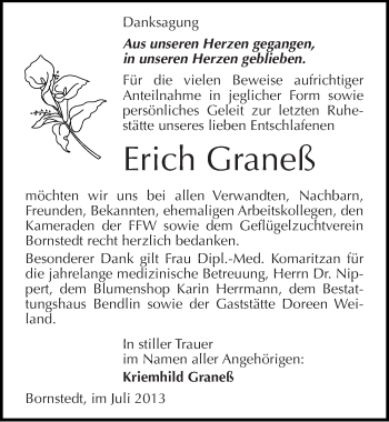 Traueranzeige von Erich Graneß von Mitteldeutsche Zeitung Mansfelder Land