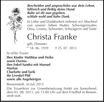 Traueranzeige von Christa Franke von Mitteldeutsche Zeitung Halle/Saalkreis