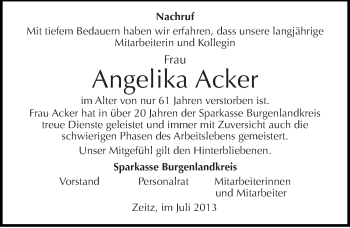 Traueranzeige von Angelika Acker von Mitteldeutsche Zeitung Zeitz