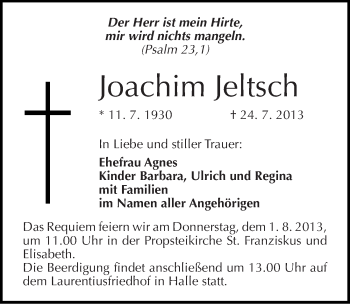 Traueranzeige von Joachim Jeltsch von Mitteldeutsche Zeitung Halle/Saalkreis