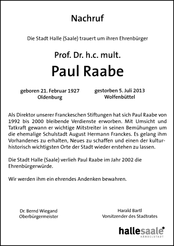 Traueranzeige von Paul Raabe von Mitteldeutsche Zeitung Halle/Saalkreis