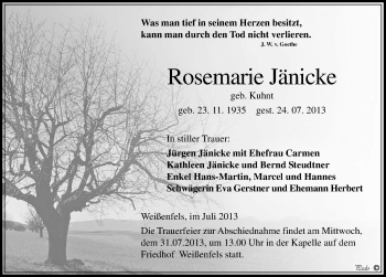 Traueranzeige von Rosemarie Jänicke von Mitteldeutsche Zeitung Weißenfels