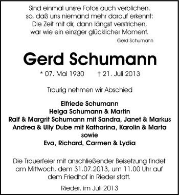 Traueranzeige von Gerd Schumann von Mitteldeutsche Zeitung Quedlinburg