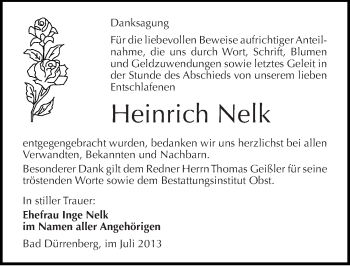 Traueranzeige von Heinrich Nelk von Mitteldeutsche Zeitung Merseburg/Querfurt