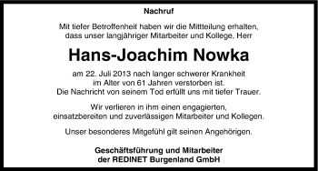 Traueranzeige von Hans-Joachim Nowka von Mitteldeutsche Zeitung Zeitz