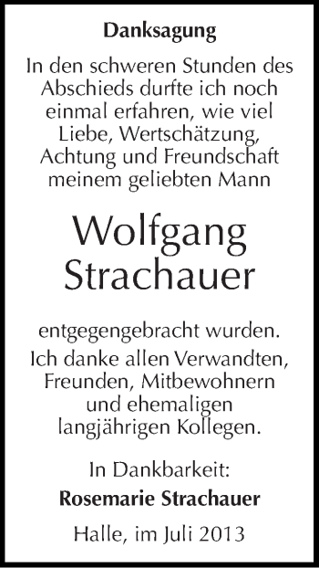 Traueranzeige von Wolfgang Strachauer von Mitteldeutsche Zeitung Halle/Saalkreis
