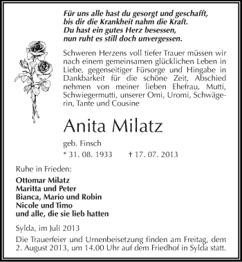 Traueranzeige von Anita Milatz von Mitteldeutsche Zeitung Mansfelder Land