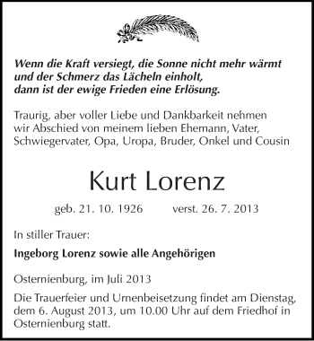 Traueranzeige von Kurt Lorenz von Mitteldeutsche Zeitung Köthen