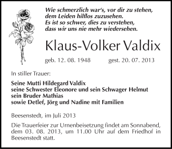Traueranzeige von Klaus-Volker Valdix von Mitteldeutsche Zeitung Halle/Saalkreis