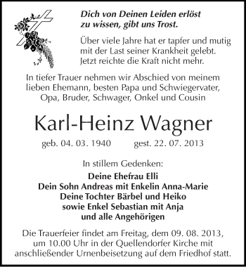 Traueranzeige von Karl-Heinz Wagner von Mitteldeutsche Zeitung Köthen