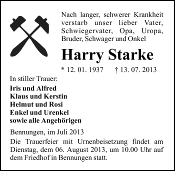 Traueranzeige von Harry Starke von Mitteldeutsche Zeitung Sangerhausen