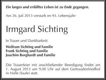 Traueranzeige von Irmgard Sichting von Mitteldeutsche Zeitung Halle/Saalkreis