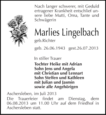 Traueranzeige von Marlies Lingelbach von Mitteldeutsche Zeitung Aschersleben