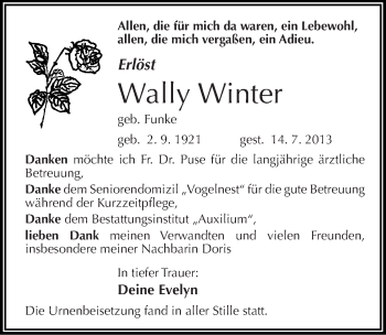 Traueranzeige von Wally Winter von Mitteldeutsche Zeitung Halle/Saalkreis