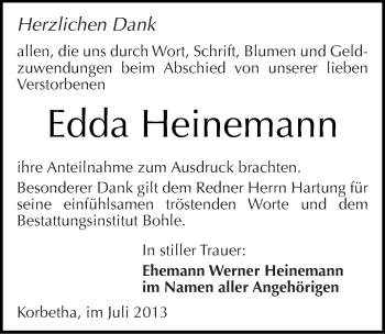 Traueranzeige von Edda Heinemann von Mitteldeutsche Zeitung Merseburg/Querfurt
