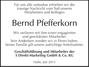 Traueranzeige von Bernd Pfefferkorn von Mitteldeutsche Zeitung Bitterfeld