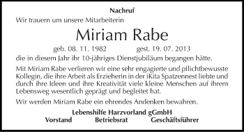 Traueranzeige von Miriam Rabe von Mitteldeutsche Zeitung Aschersleben