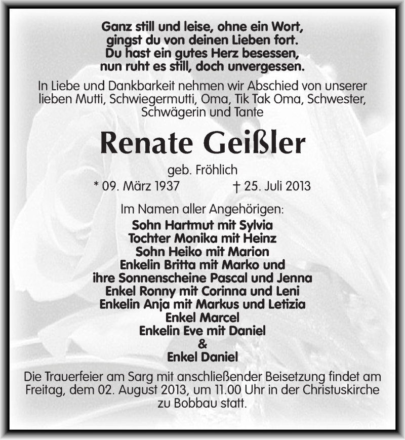  Traueranzeige für Renate Geißler vom 31.07.2013 aus Mitteldeutsche Zeitung Bitterfeld