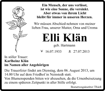 Traueranzeige von Elli Klän von Mitteldeutsche Zeitung Quedlinburg
