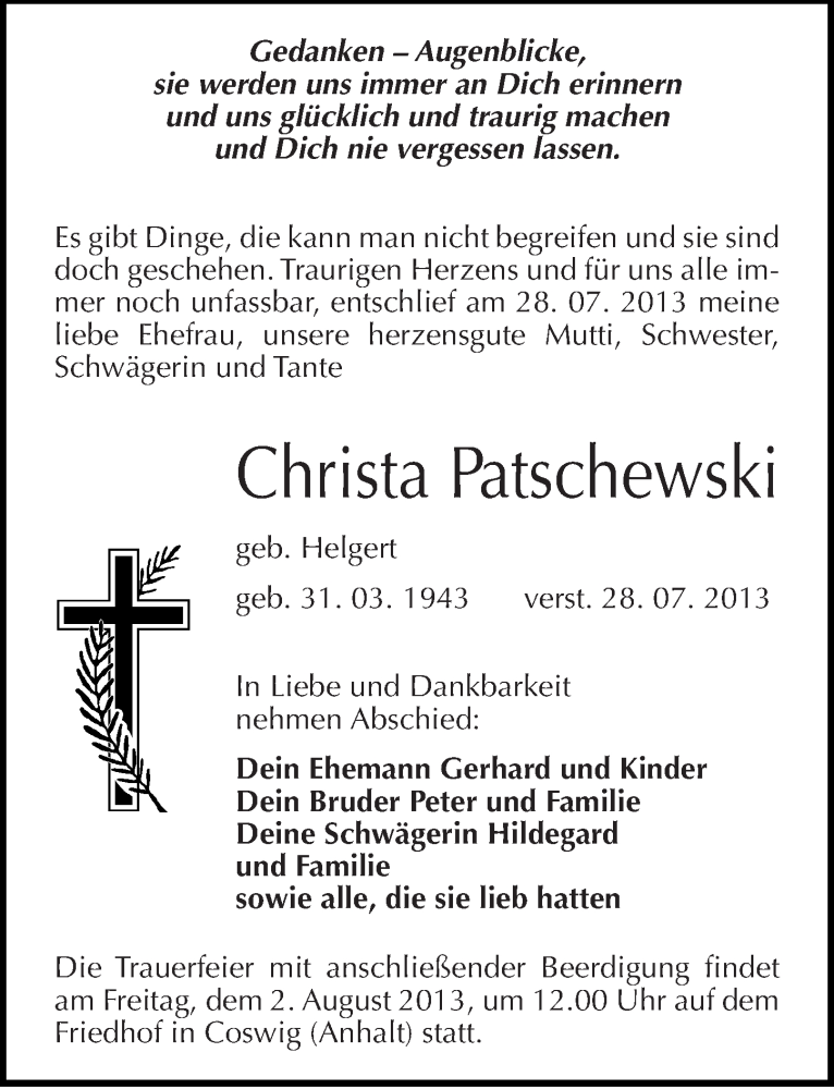  Traueranzeige für Christa Patschewski vom 31.07.2013 aus Mitteldeutsche Zeitung Wittenberg