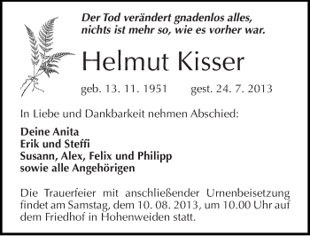 Traueranzeige von Helmut Kisser von Mitteldeutsche Zeitung Halle/Saalkreis