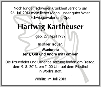 Traueranzeige von Hartwig Kartheuser von Mitteldeutsche Zeitung