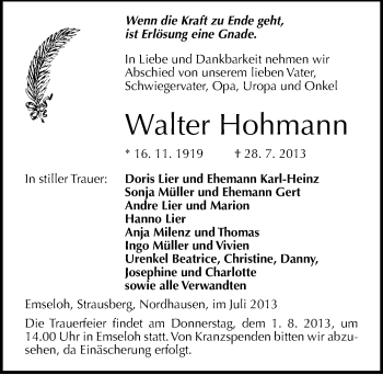 Traueranzeige von Walter Hohmann von Mitteldeutsche Zeitung Sangerhausen