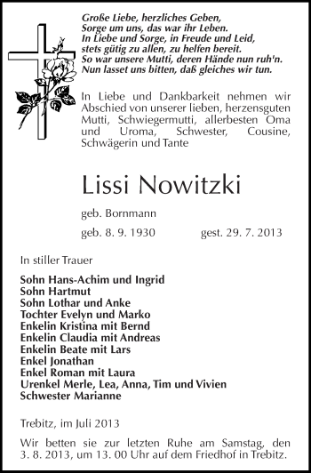 Traueranzeige von Lissi Nowitzki von Mitteldeutsche Zeitung Wittenberg