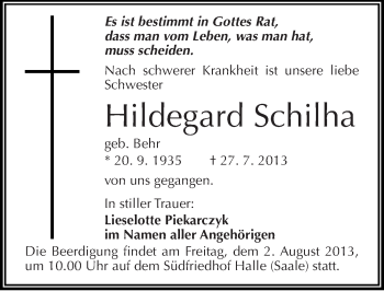 Traueranzeige von Hildegard Schilha von Mitteldeutsche Zeitung Halle/Saalkreis