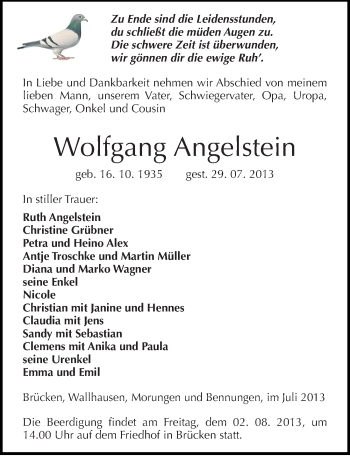 Traueranzeige von Wolfgang Angelstein von Mitteldeutsche Zeitung Sangerhausen