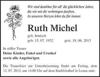 Traueranzeige von Ruth Michel von Super Sonntag Merseburg