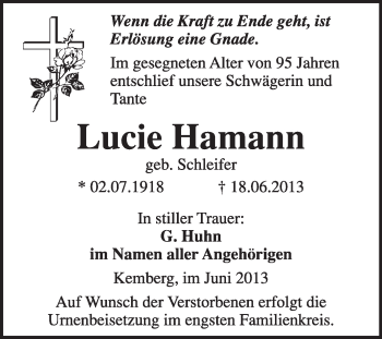 Traueranzeige von Lucie  Hamann von WVG - Wochenspiegel Wittenberg