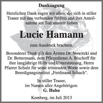 Traueranzeige von Lucie  Hamann von WVG - Wochenspiegel Wittenberg