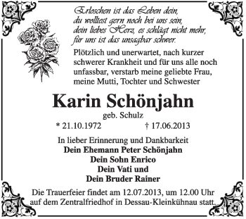 Traueranzeige von Karin Schönjahn von Super Sonntag Dessau / Köthen