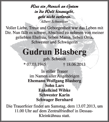 Traueranzeige von Gudrun Blasberg von Super Sonntag Dessau / Köthen