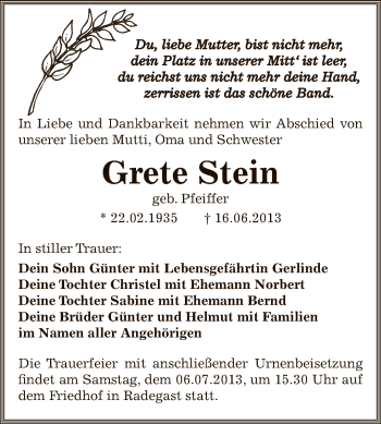 Traueranzeige von Grete Stein von WVG - Wochenspiegel Bitterfeld