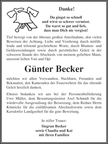 Traueranzeige von Günter Becker von WVG - Wochenspiegel NMB / WSF / ZTZ