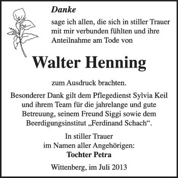 Traueranzeige von Walter Henning von WVG - Wochenspiegel Wittenberg
