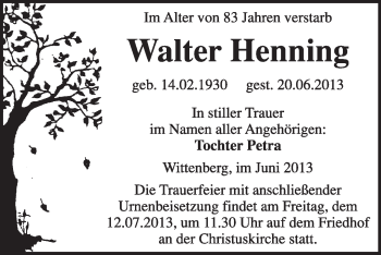 Traueranzeige von Walter Henning von WVG - Wochenspiegel Wittenberg